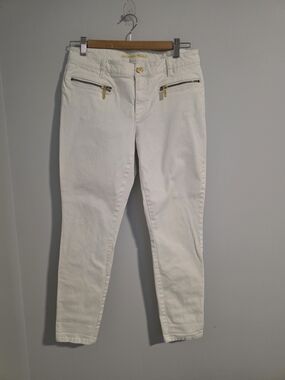 Michael Kors White Skinny Ankle Pants Gold Zip Detail Size 6